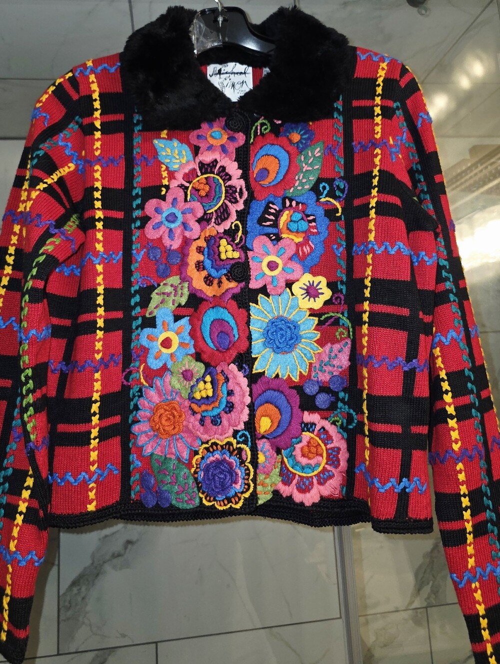 VTG NWOT Michael Simon Red & Black Check Embroidered Floral RARE Sweater Sz S
